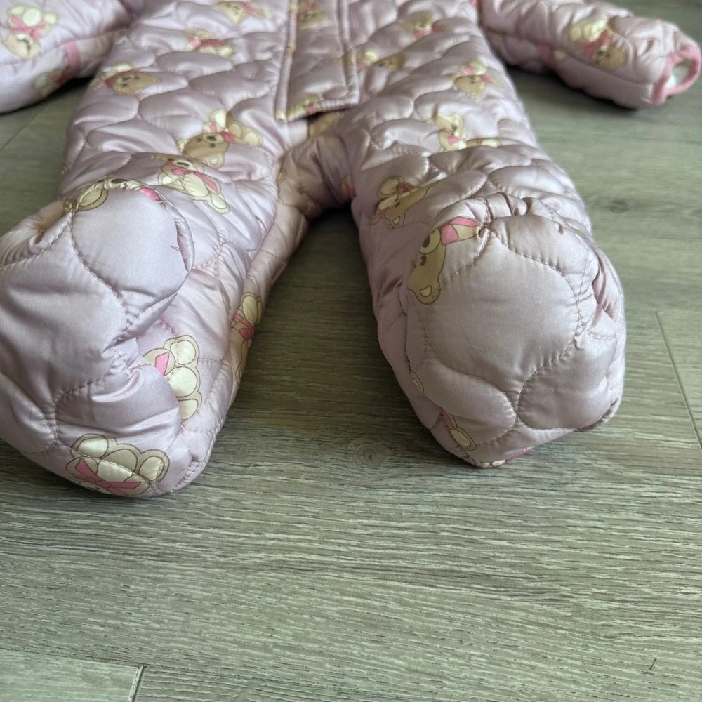 Little Lass Baby Girl Pink Quilted Teddy Bear Pram Suit Hooded Bunting 3-6M
